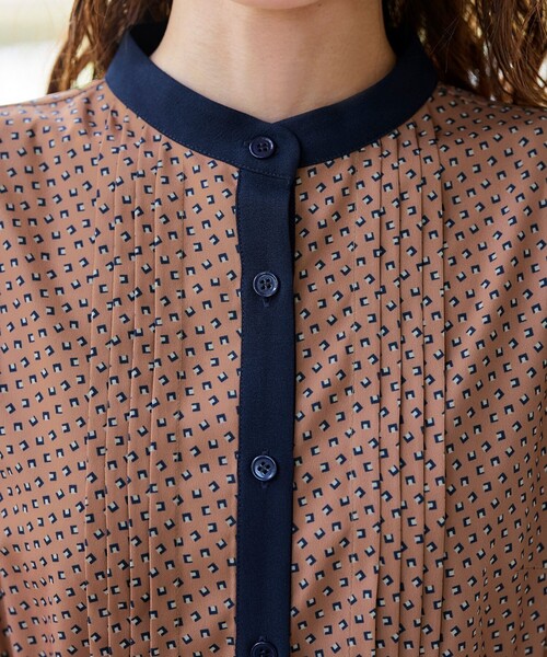 Tiaclasse シャツワンピース 配色バンドカラー幾何学柄ワンピース Tiaclasse シャツワンピース 配色バンドカラー幾何学柄ワンピース