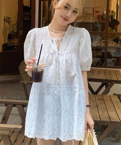 チュニック パフスリーブ レース 半袖チュニックワンピース