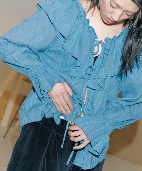sara mallika ブラウス シャツ STRIPE JQD FRILL TOP レディース