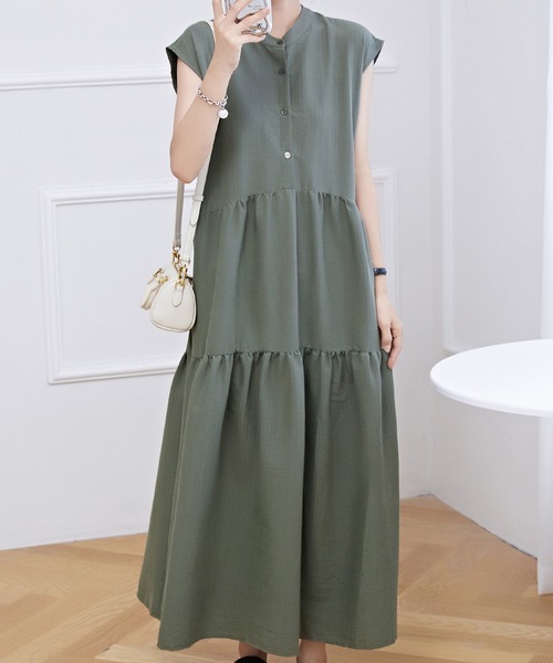 新品　ギャザー切り替えワンピース　バンドカラー　ティアードワンピース Lace Ladies ワンピース バンドカラー ティアード ギャザー