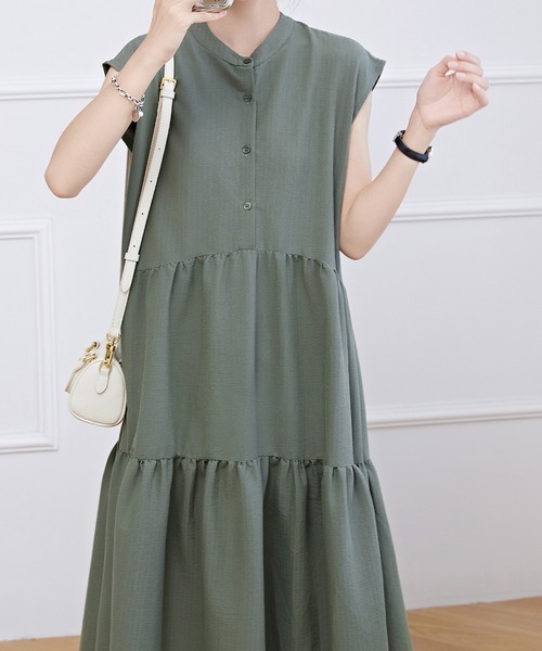 Lace Ladies ワンピース バンドカラー ティアード ギャザー