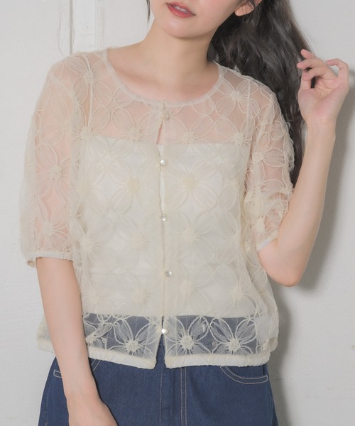 RETROGIRL（レトロガール） ブラウス シャツ 半袖 花刺繍レースBL 