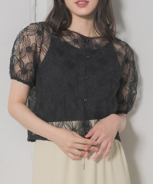 RETROGIRL（レトロガール） ブラウス シャツ 半袖 花刺繍レースBL 