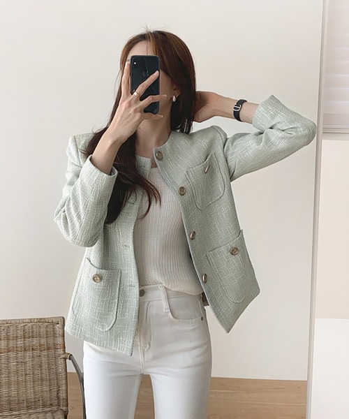 「Doula Doula」 ツイードジャケット S ライトグリーン レディース_画像3