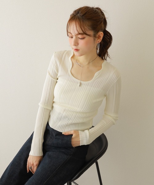 ニット セーター wave neck lib knit pullover /ウェーブ ネック リブ ニット プルオーバー レディース