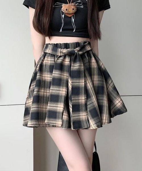 カシミヤブレンドミニスカート スカート チェックフレア 腰巻き風デザイン ミニスカート