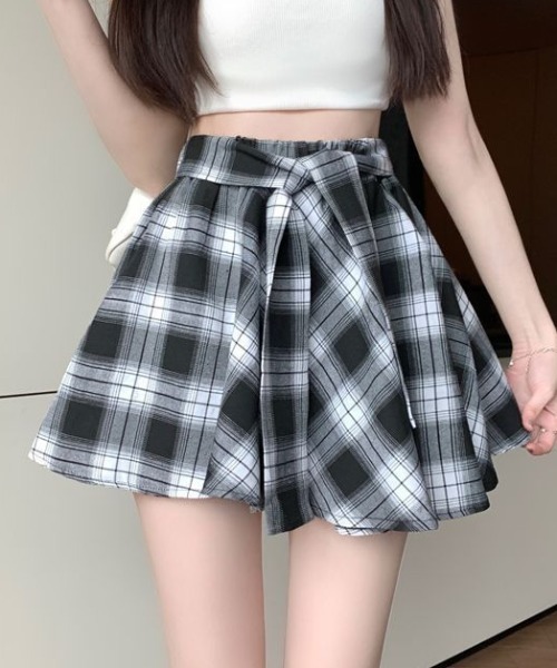 スカート チェックフレア 腰巻き風デザイン ミニスカート