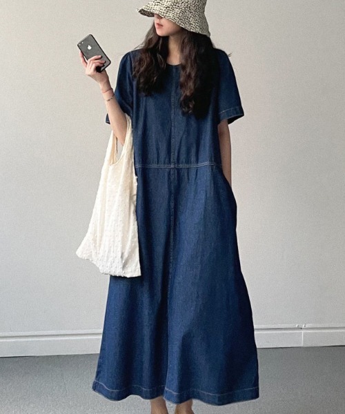 Aelina ワンピース 半袖 サイトポケット付きオーバーサイズデニム