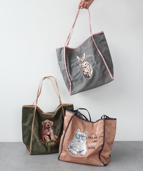 チェック柄トートバッグ クマとアイスクリーム刺繍 Three Four Time トートバッグ アニマル刺繍トート レディース