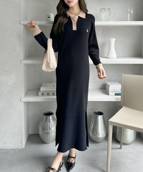 【U.S. POLO ASSN】配色デザイン ポロ襟 ニットワンピース U.S. POLO ASSN.（ユーエスポロアッスン） ワンピース 「Ada.別注 U.S.