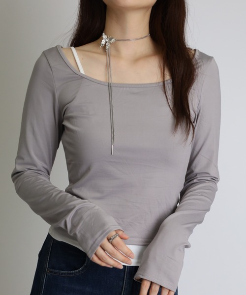 ディムモアール　キャミオフショルT グレー tシャツ 「2点セット」キャミソール ＋ オフショルダー 長袖 Tシャツ
