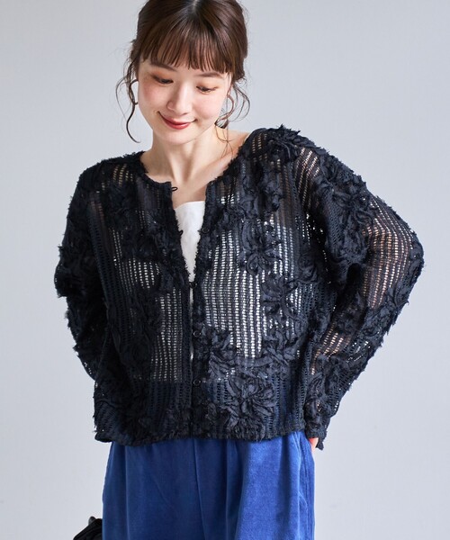 coen カーディガン 3Dフラワーメッシュカーディガン レディース