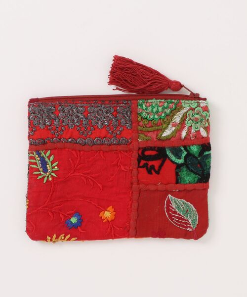 ポーチ 刺繍 サリーパッチワーク フリンジ フラット インド レディース