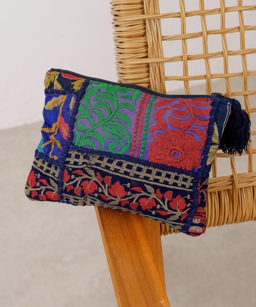 ポーチ 刺繍 サリーパッチワーク フリンジ フラット インド レディース