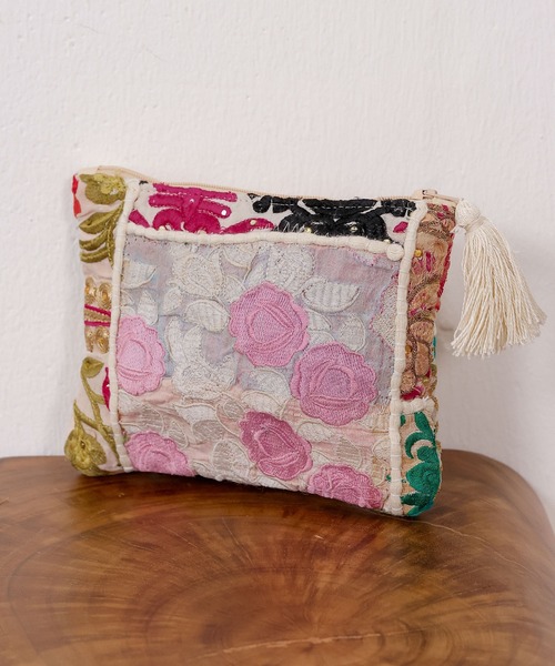 ポーチ 刺繍 サリーパッチワーク フリンジ フラット インド レディース