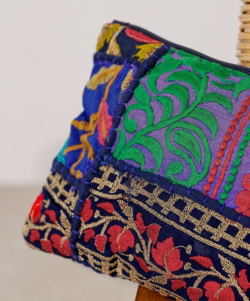 ポーチ 刺繍 サリーパッチワーク フリンジ フラット インド レディース