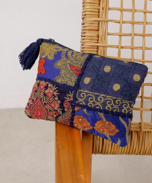 ポーチ 刺繍 サリーパッチワーク フリンジ フラット インド レディース