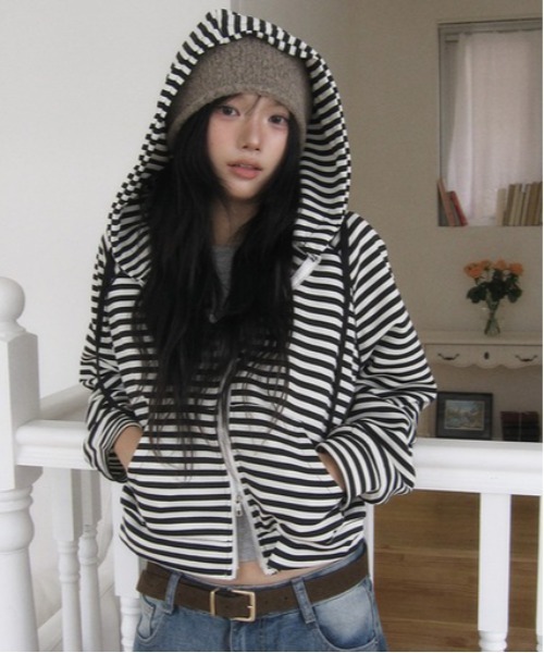 gossip!ロサンゼルス パーカー ボーダー柄ダブルジップパーカー