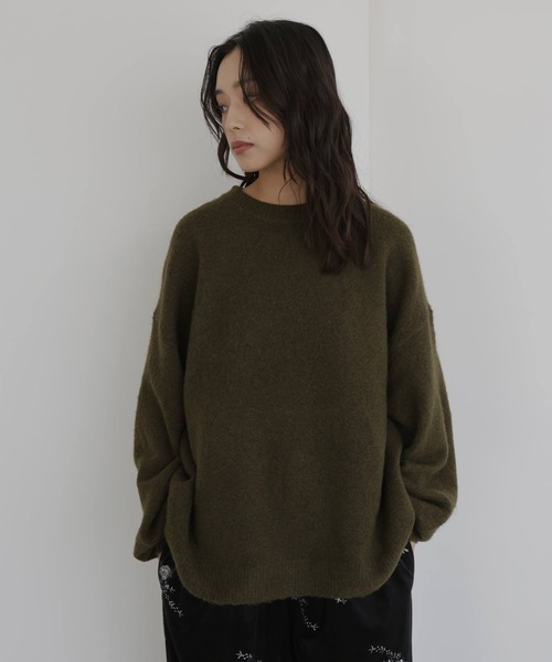 新品タグ付◉ ウールクルーネックニットプルオーバー　 DARK KHAKI ATTACHMENT｜ウール*ポリエステルダブルフェイスニット クルーネック