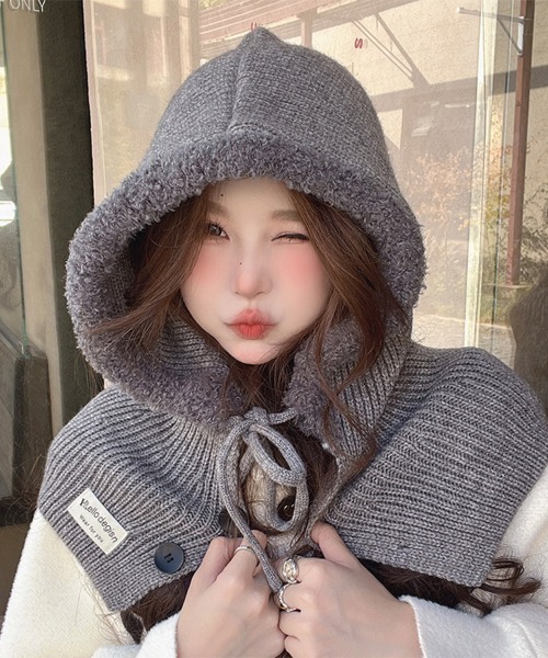 ネックウォーマー スヌード ふわもこフード付きニットスヌード