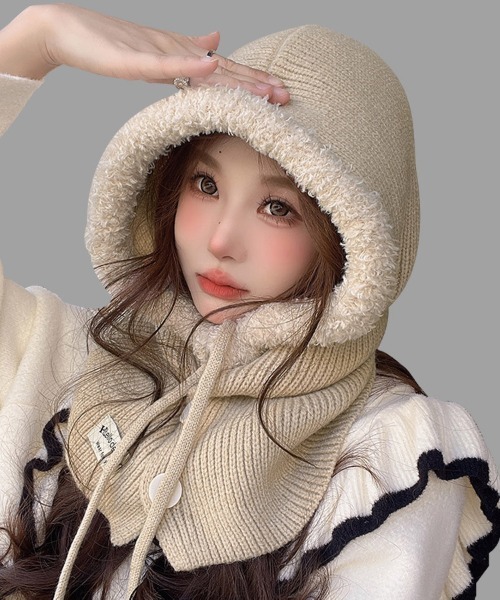 ネックウォーマー スヌード ふわもこフード付きニットスヌード