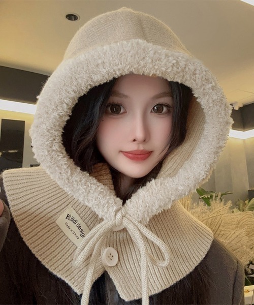 ネックウォーマー スヌード ふわもこフード付きニットスヌード