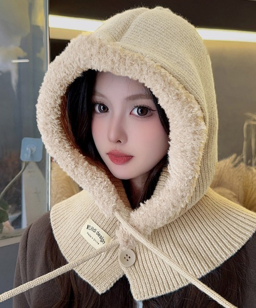 ネックウォーマー スヌード ふわもこフード付きニットスヌード