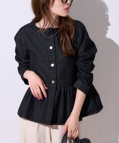 美品 FRAMeWORK 5 1/2 ノーカラーデニムジャケット 日本製 S TRIANGLE PALETTE デニムジャケット gジャン デニムペプラムノーカラー