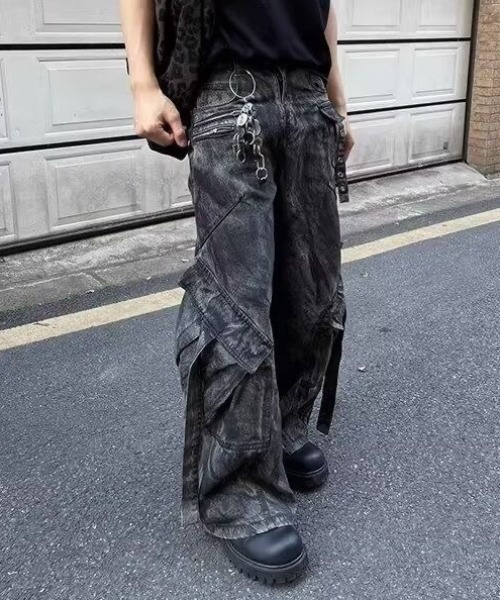 FreeZone ワイドパンツ カーゴパンツ ウォッシュ加工カーゴデザイン