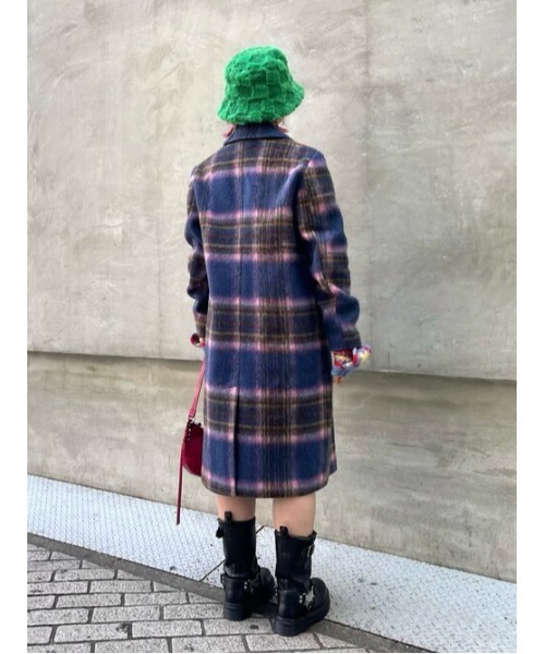 チェック柄ロングコート（ネイビー） Desigual（デシグアル） コート チェスターコート チェック柄 ウール混