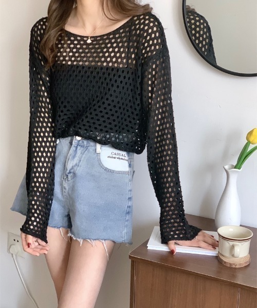 ブラックメッシュトップス SHEENA tシャツ ショート丈メッシュニットトップス レディース
