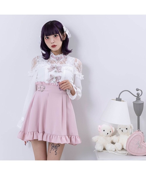 DearMyLove ブラウス シャツ ハートビジューリボンオフショル風レース 