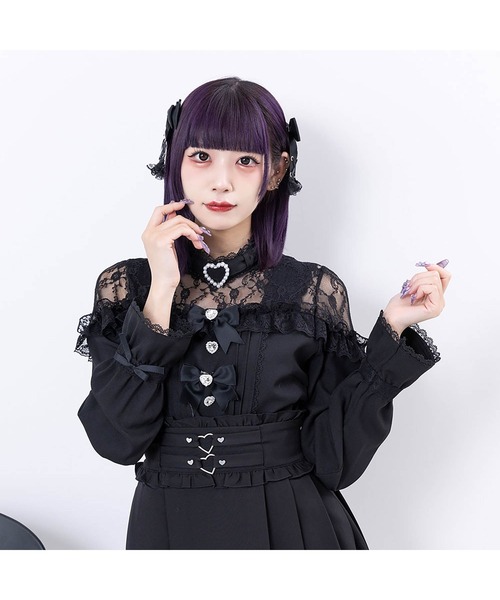 DearMyLove ブラウス シャツ ハートビジューリボンオフショル風レース