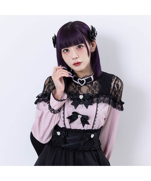 DearMyLove ブラウス シャツ ハートビジューリボンオフショル風レース