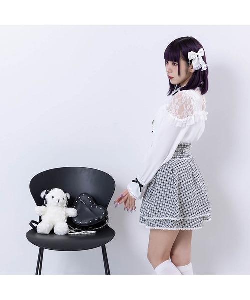 DearMyLove ブラウス シャツ ハートビジューリボンオフショル風レース