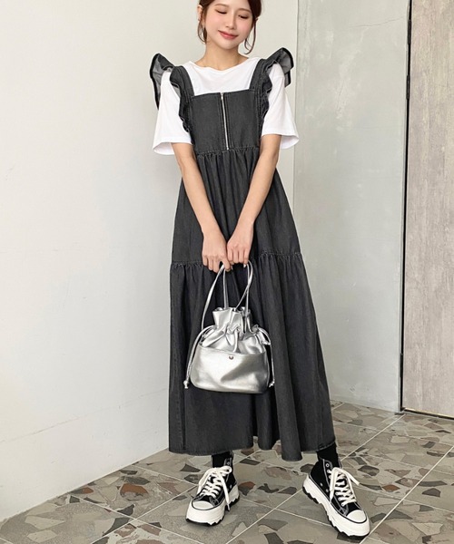 美品♡ ルネ フロントジップ ティアード ワンピース パール グレー 36 moment+ ワンピース ライトオンスデニムフロントジップ