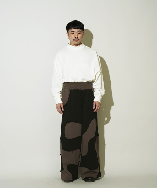 Aphlotus パンツ カーブ切替 バイカラー 裏起毛イージーワイドパンツ