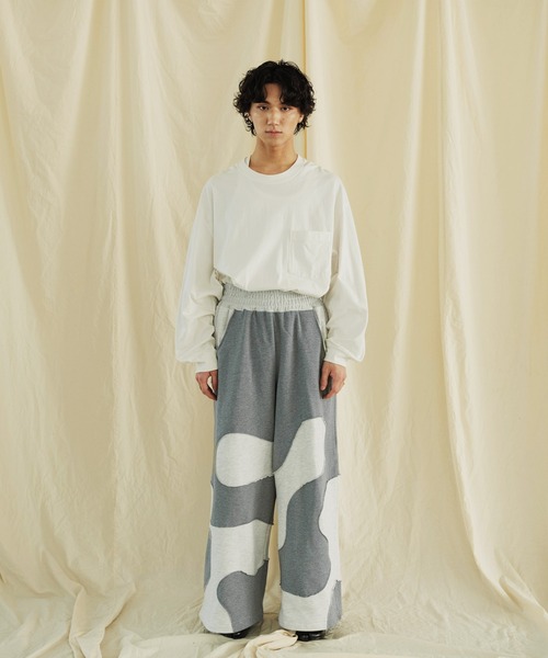 Aphlotus パンツ カーブ切替 バイカラー 裏起毛イージーワイドパンツ