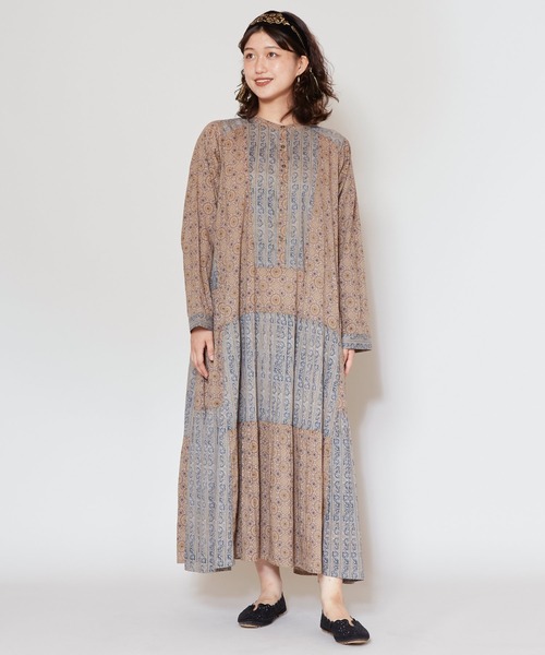 Amina　チャイハネ　ペイズパッチワークワンピース Amina チャイハネ ペイズパッチワークワンピース新品 F ブラウン