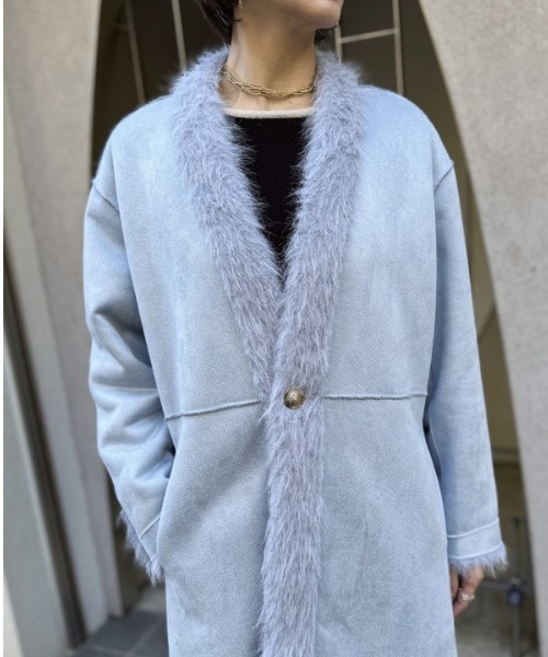 美品♡ルシェルブルー 日本製モヘヤウール シャギーコクーンロングコート マキシ Muel Chic（ミュエルシック） ノーカラーコート コート Rios shaggy