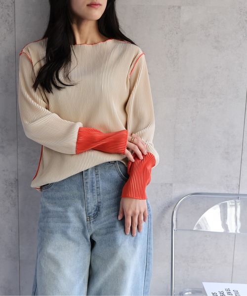 ap retro tシャツ プリーツ配色メロウトップス レディース