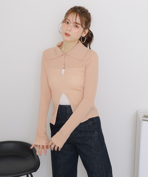 ニット セーター front open lib knit pullover /フロント