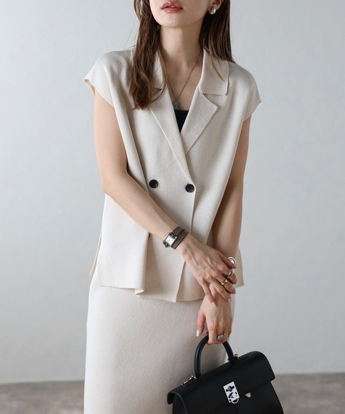 ボンジュールサガン BONJOUR SAGAN [SET]ラペルカラーニットベスト×バックスリットニットスカート （DARK-GRAY） ボンジュールサガン BONJOUR SAGAN [SET]ラペルカラーニット