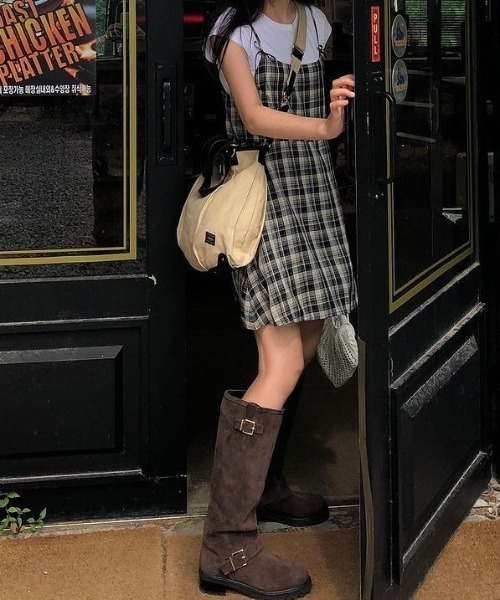 ワンピース チェックミニワンピース インナーキャミワンピ付き