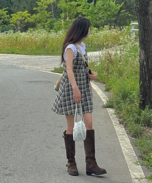 【在庫有】 ワンピース インナーキャミワンピ付き チェックミニワンピース 帽子