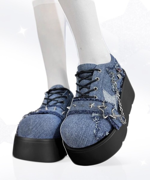 クリスマスセール⭐︎StellaMcCartney スタースタッズ付き厚底シューズ lilful スニーカー スタッズ付き ラメ加工 スターモチーフ デニム 厚底