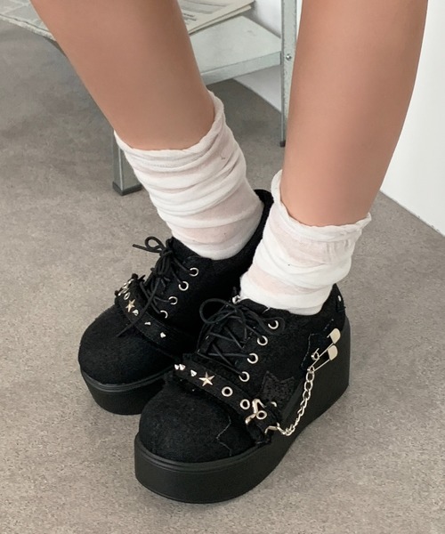 lilful スニーカー スタッズ付き ラメ加工 スターモチーフ デニム 厚底