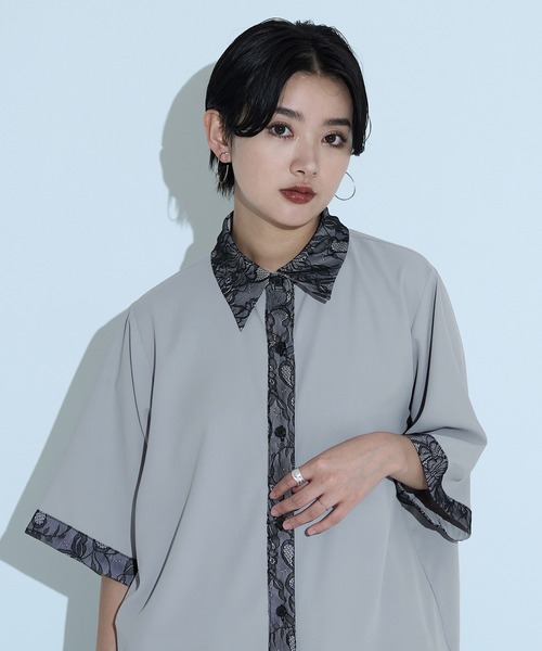 ブラウス シャツ シャツとステンドグラスレースのドッキングブラウス レディース 楽天市場】（S~L対応）シャツとステンドグラスレースの