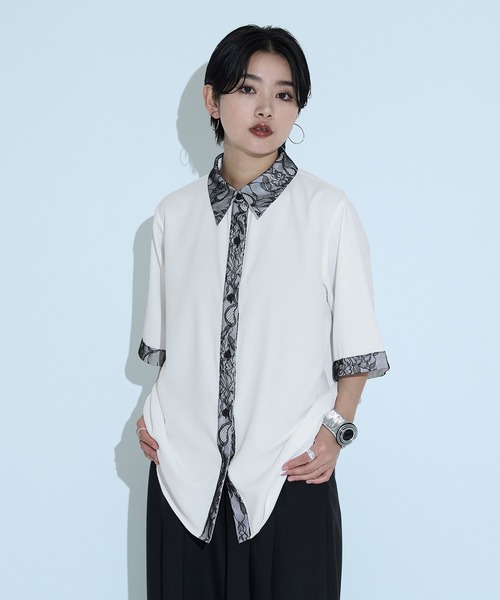 ブラウス シャツ レースドッキングシャツ/SS レディース Ellno de Mavie ブラウス シャツ レースドッキングシャツ/SS