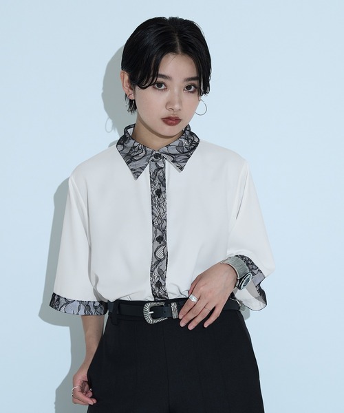 Ellno de Mavie フラワーレースドッキングシャツ グレー フラワーレースドッキングシャツ（シャツ/ブラウス）｜Ellno de